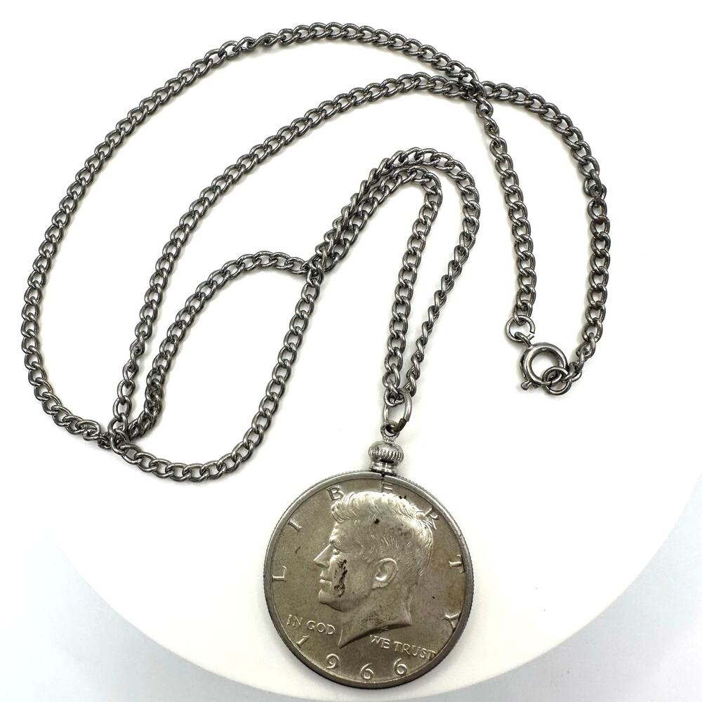 Vintage silver tone real 1966 Kennedy half dollar coin pendant 24" necklace